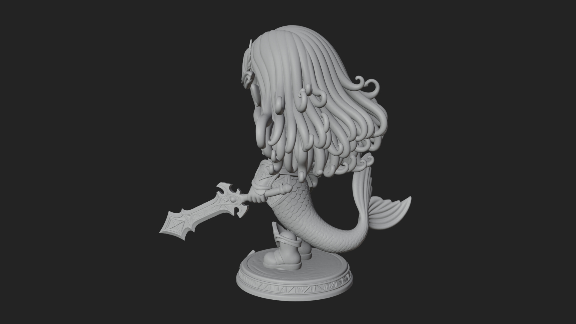 Chibi Mermaid with Sword Statue Design 1 3D Print Model 3D Model