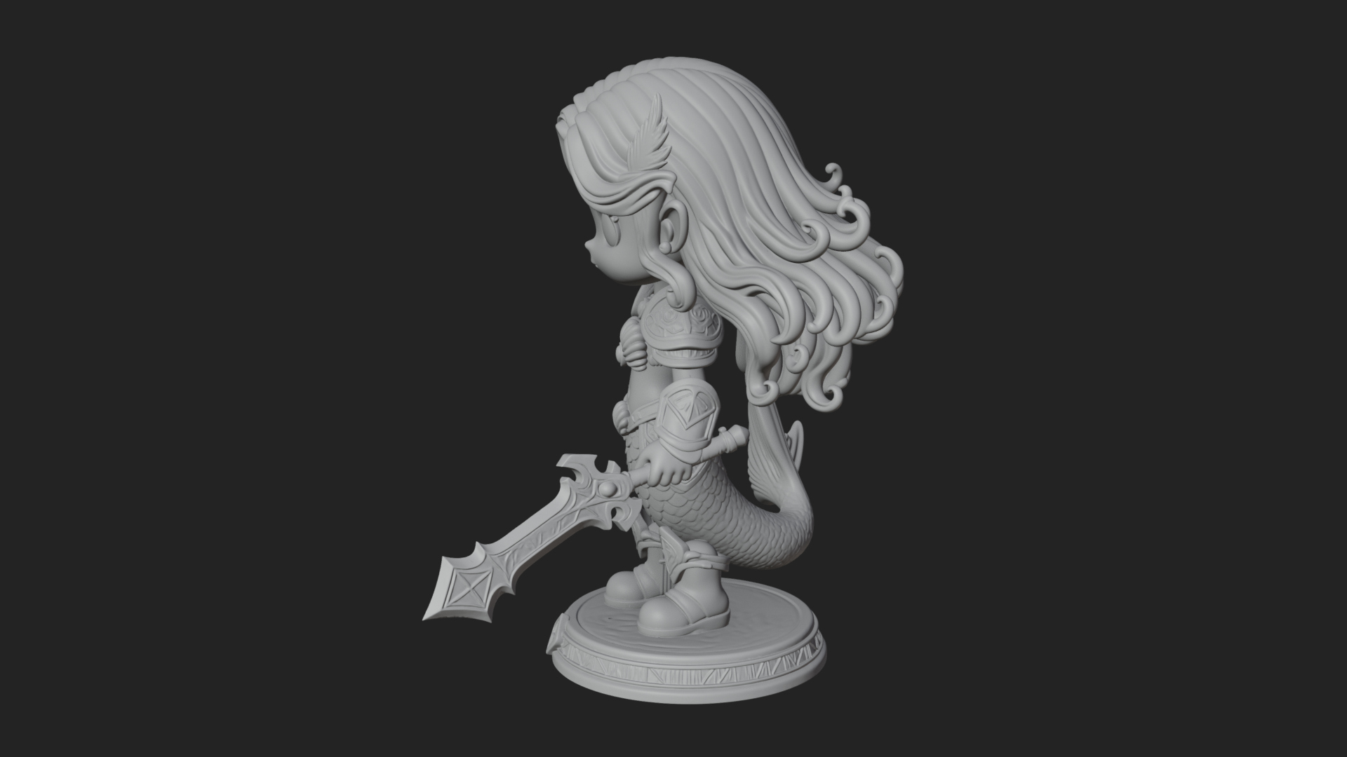Chibi Mermaid with Sword Statue Design 1 3D Print Model 3D Model