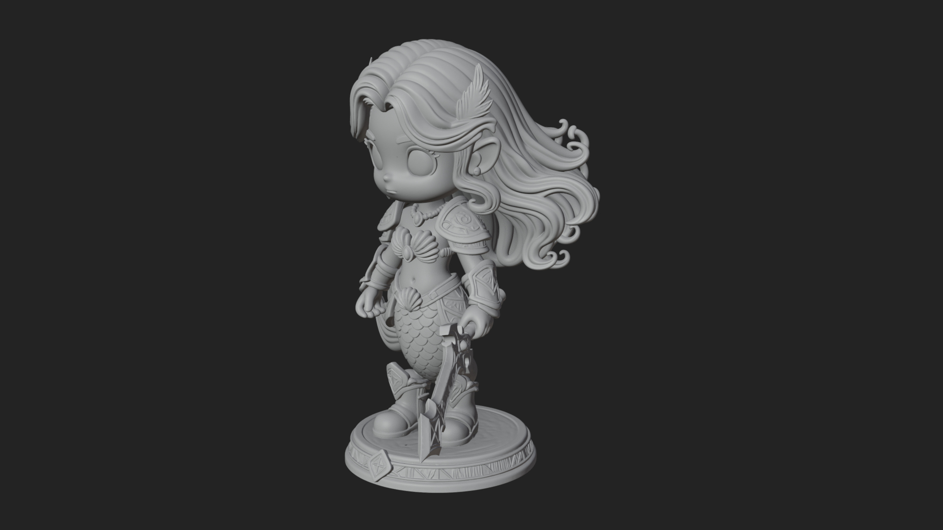 Chibi Mermaid with Sword Statue Design 1 3D Print Model 3D Model