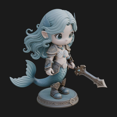Chibi Mermaid with Sword Statue Design 1 3D Print Model