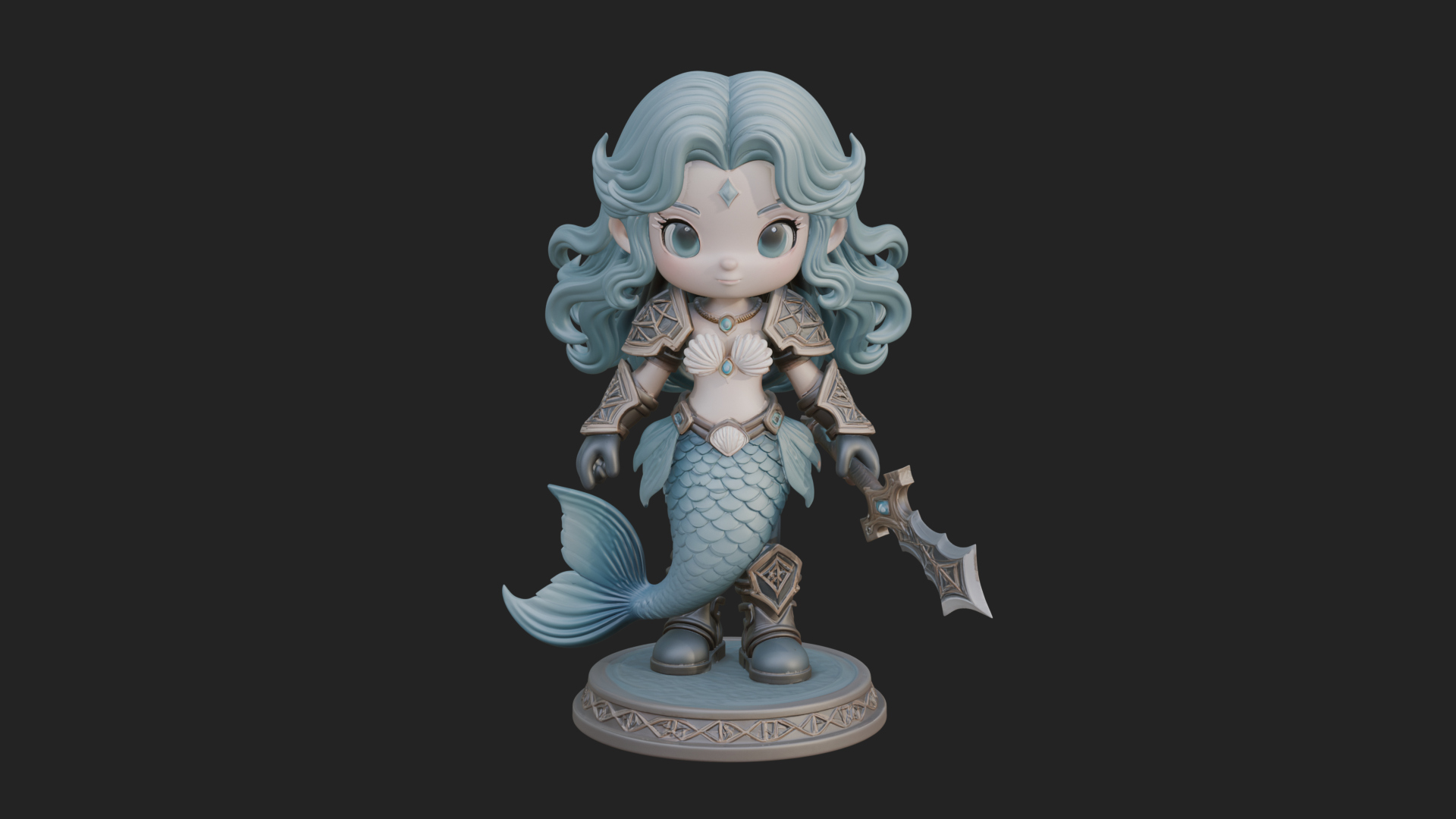 Chibi Mermaid with Sword Statue Design 2 3D Print Model 3D Model