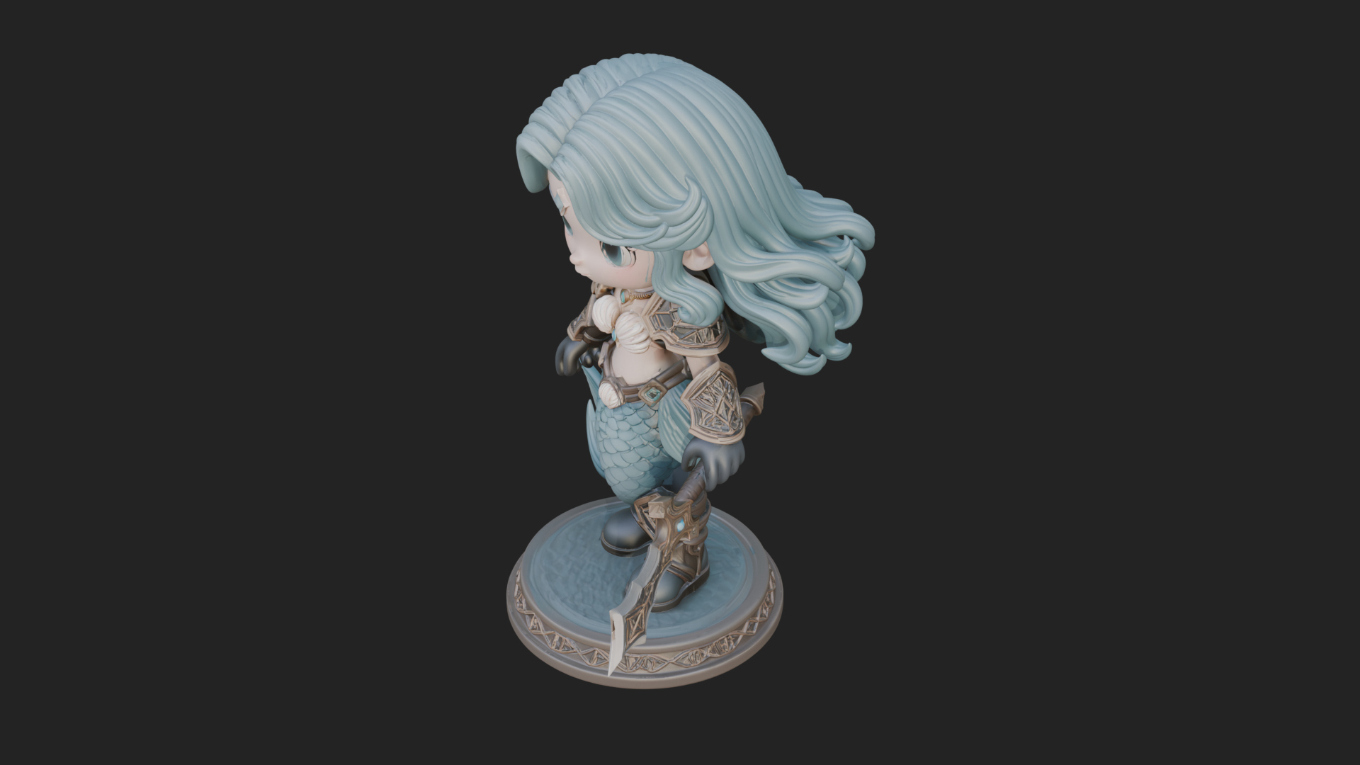 Chibi Mermaid with Sword Statue Design 2 3D Print Model 3D Model