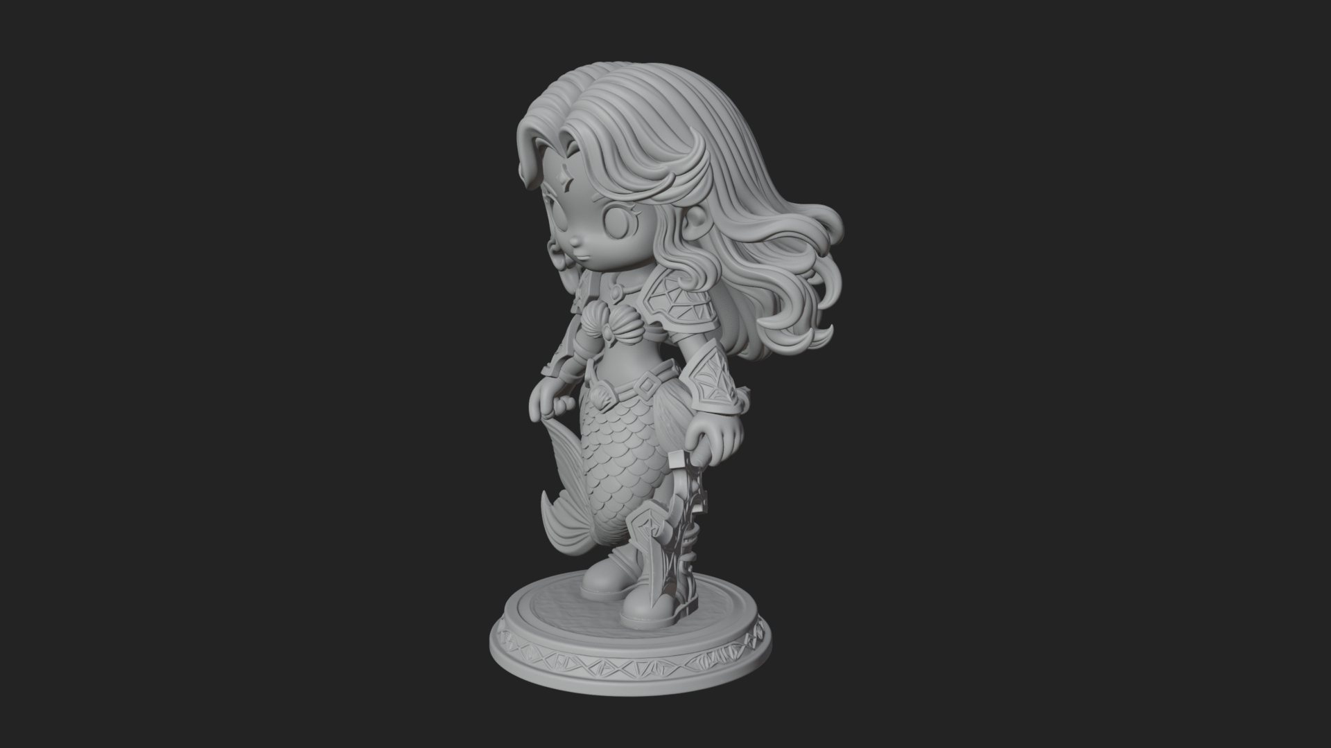Chibi Mermaid with Sword Statue Design 2 3D Print Model 3D Model