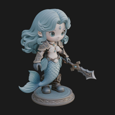 Chibi Mermaid with Sword Statue Design 2 3D Print Model