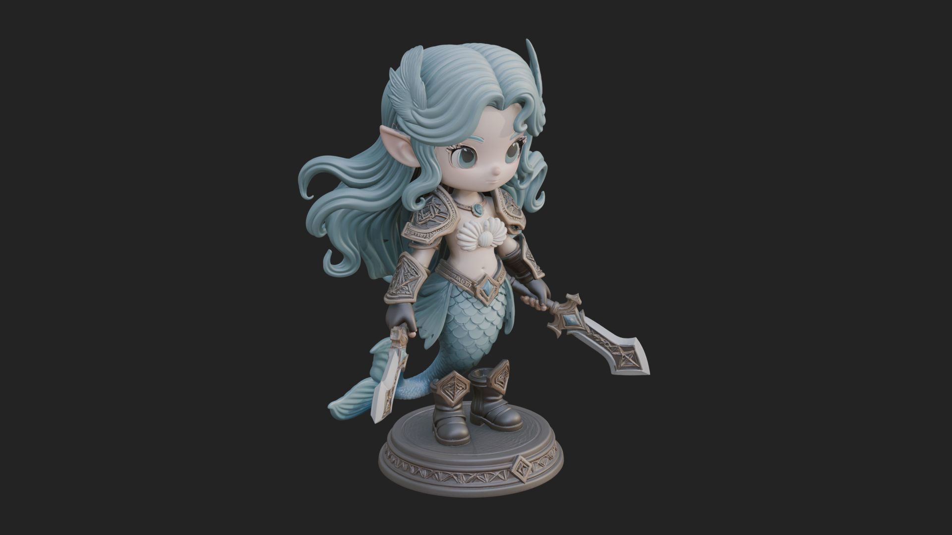 Chibi Mermaid with Sword Statue Design 3 3D Print Model 3D Model