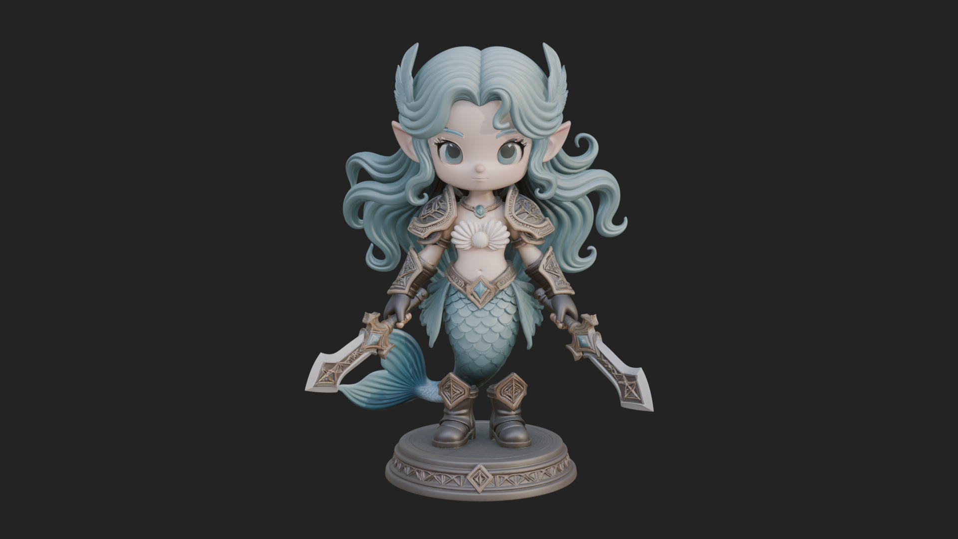 Chibi Mermaid with Sword Statue Design 3 3D Print Model 3D Model
