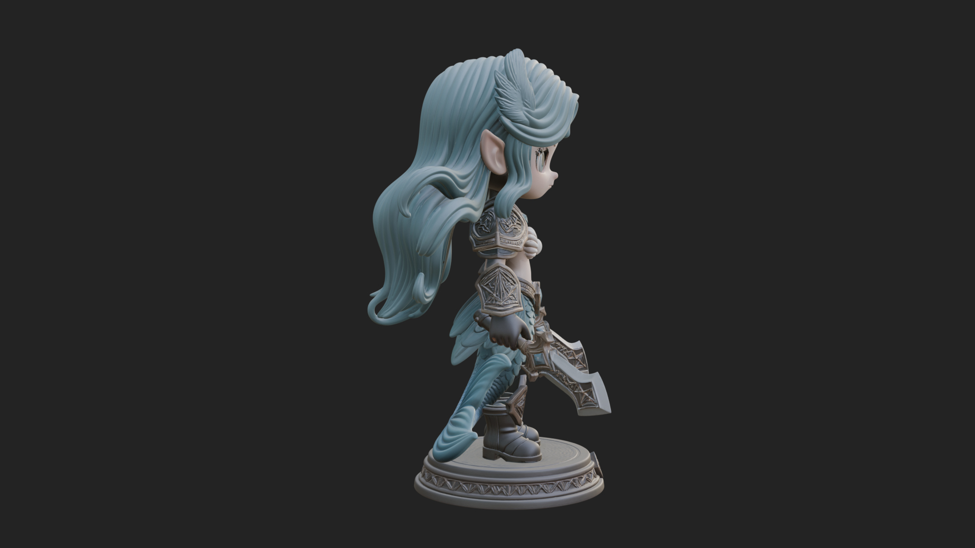 Chibi Mermaid with Sword Statue Design 3 3D Print Model 3D Model