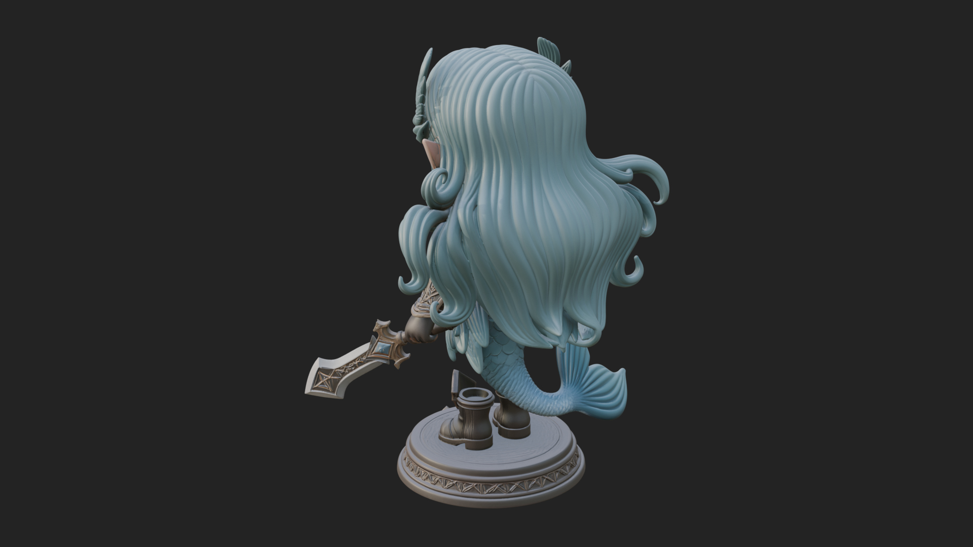Chibi Mermaid with Sword Statue Design 3 3D Print Model 3D Model