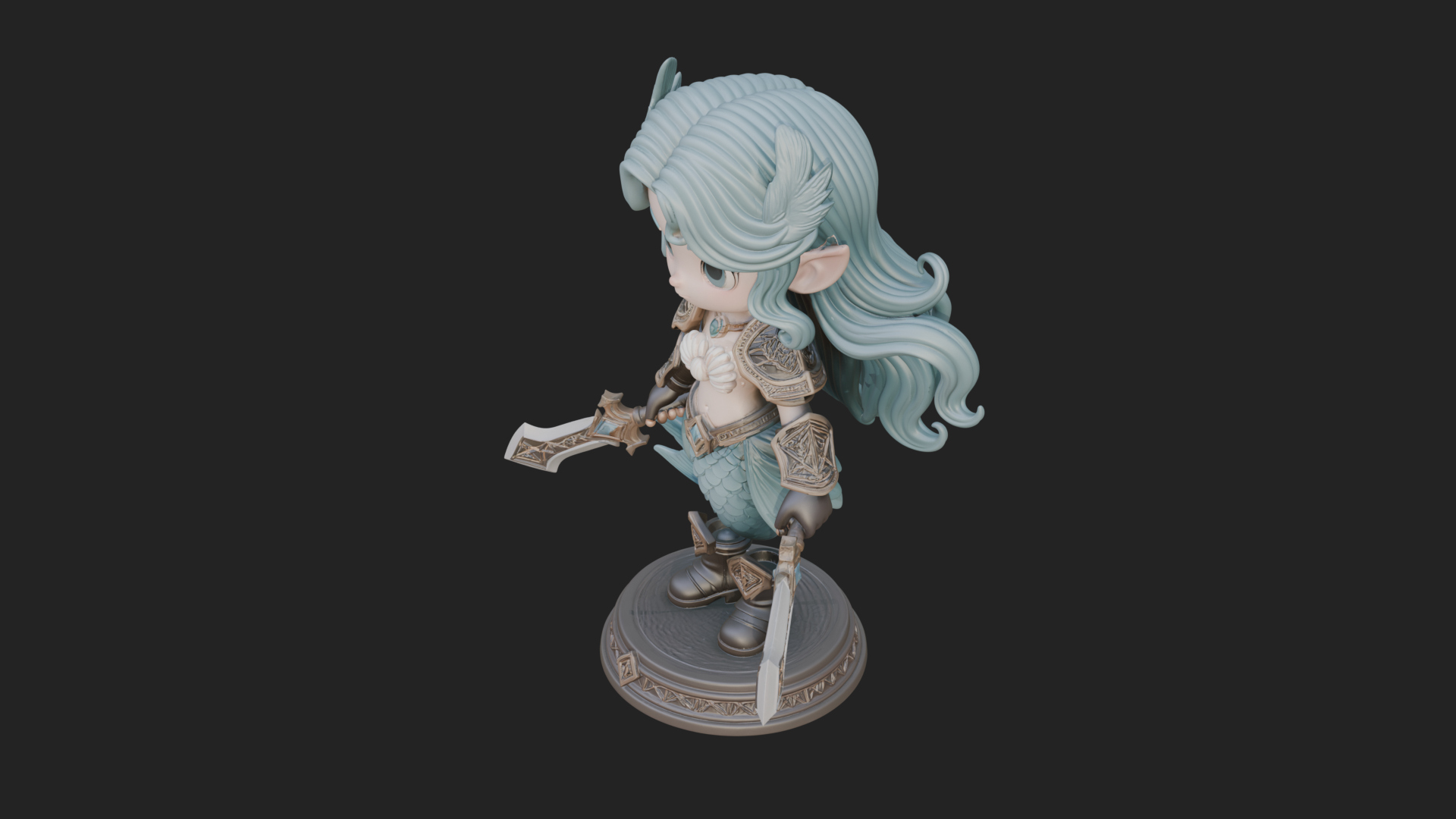 Chibi Mermaid with Sword Statue Design 3 3D Print Model 3D Model