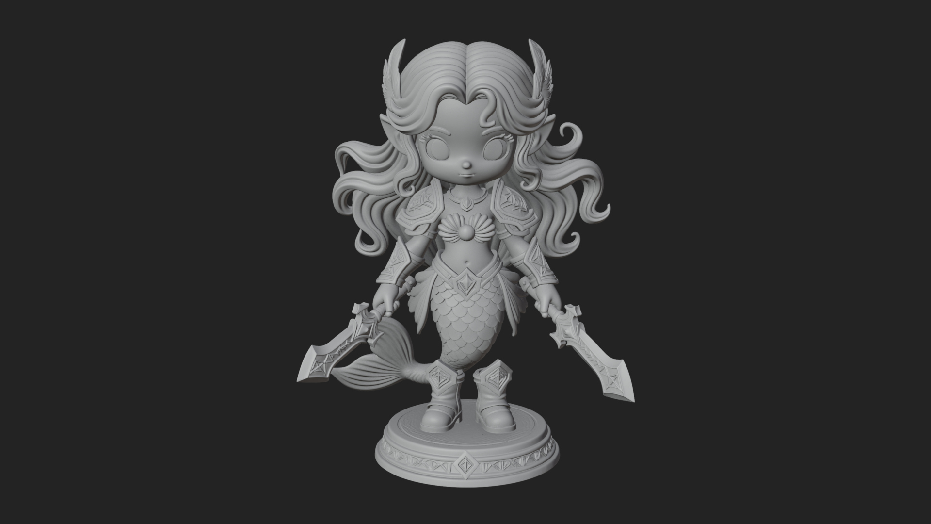 Chibi Mermaid with Sword Statue Design 3 3D Print Model 3D Model