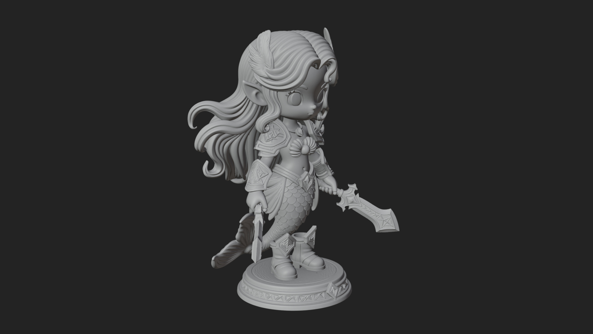 Chibi Mermaid with Sword Statue Design 3 3D Print Model 3D Model