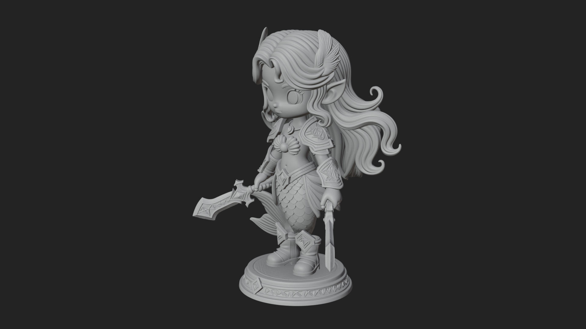 Chibi Mermaid with Sword Statue Design 3 3D Print Model 3D Model