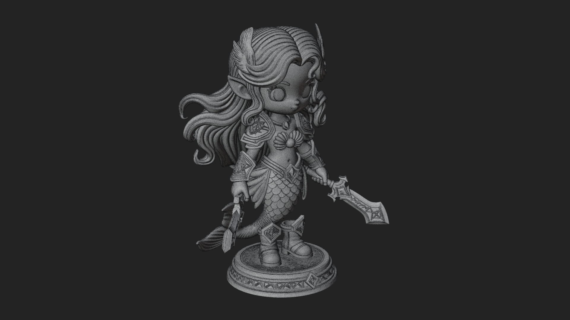 Chibi Mermaid with Sword Statue Design 3 3D Print Model 3D Model