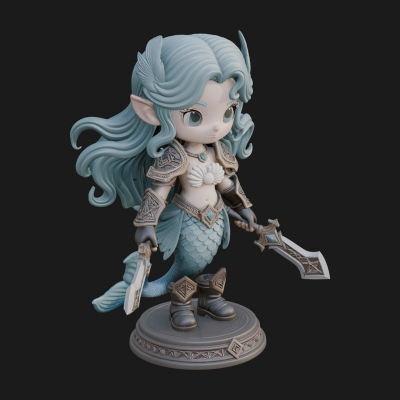 Chibi Mermaid with Sword Statue Design 3 3D Print Model