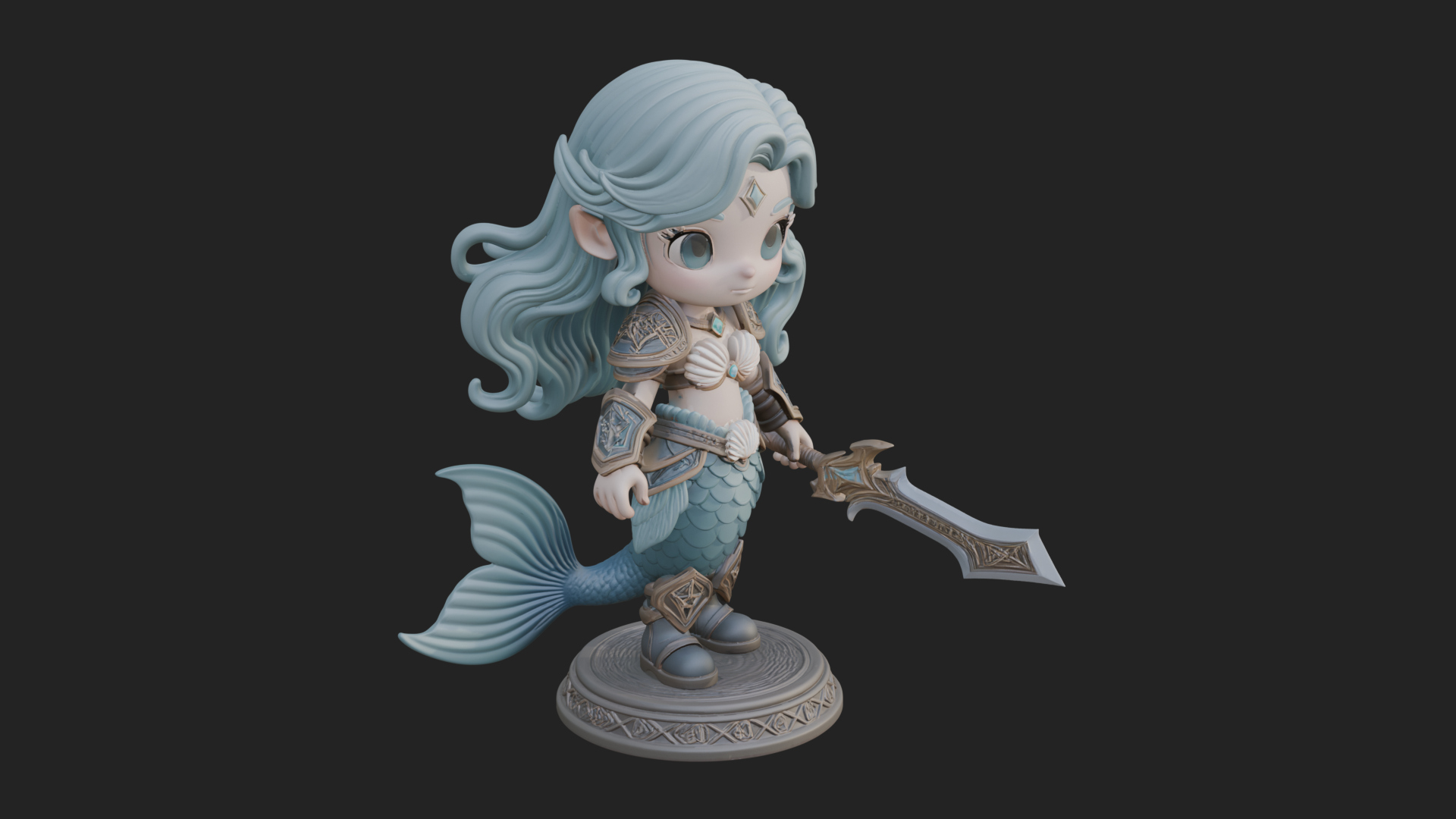 Chibi Mermaid with Sword Statue Design 4 3D Print Model 3D Model