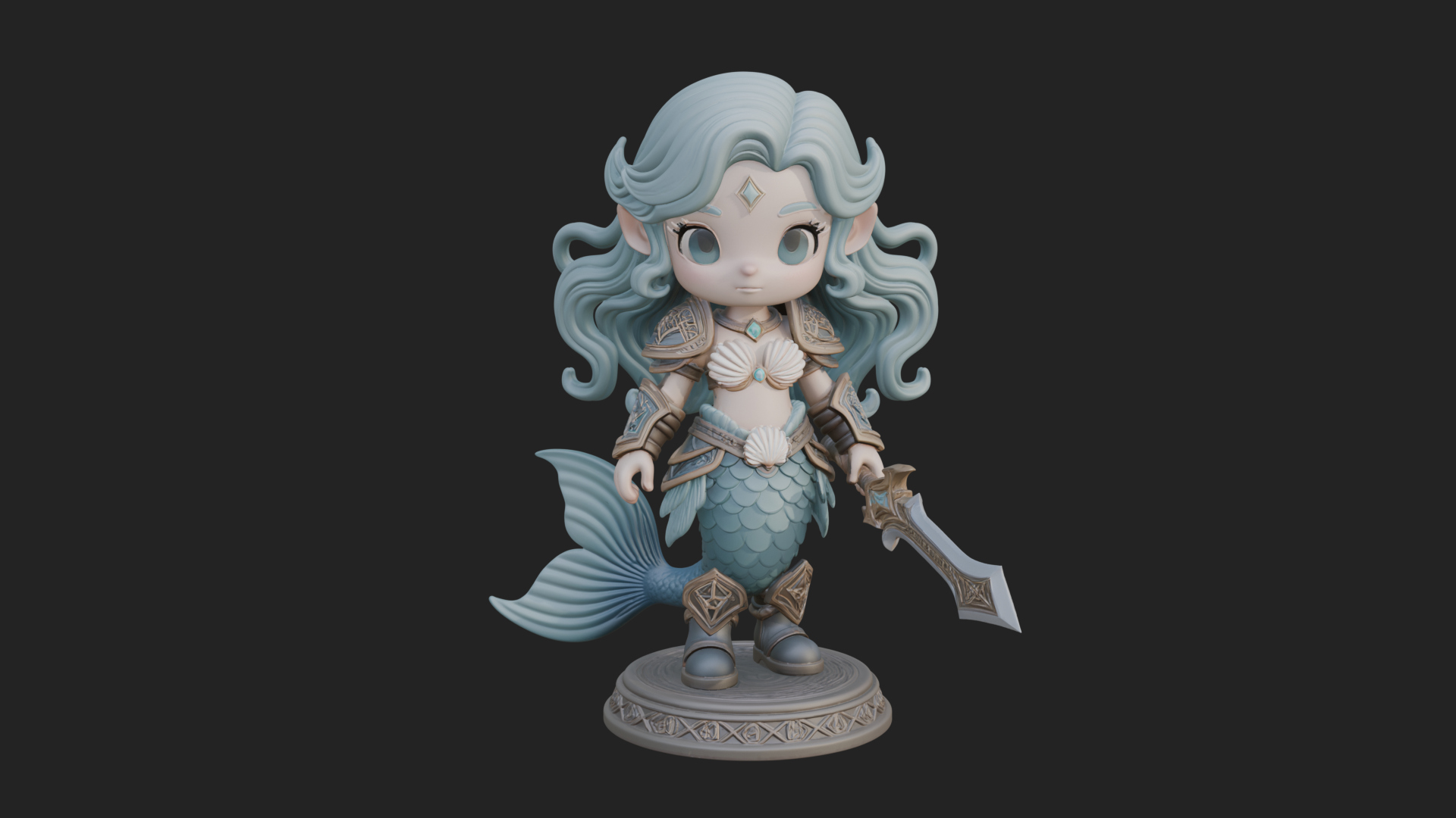 Chibi Mermaid with Sword Statue Design 4 3D Print Model 3D Model