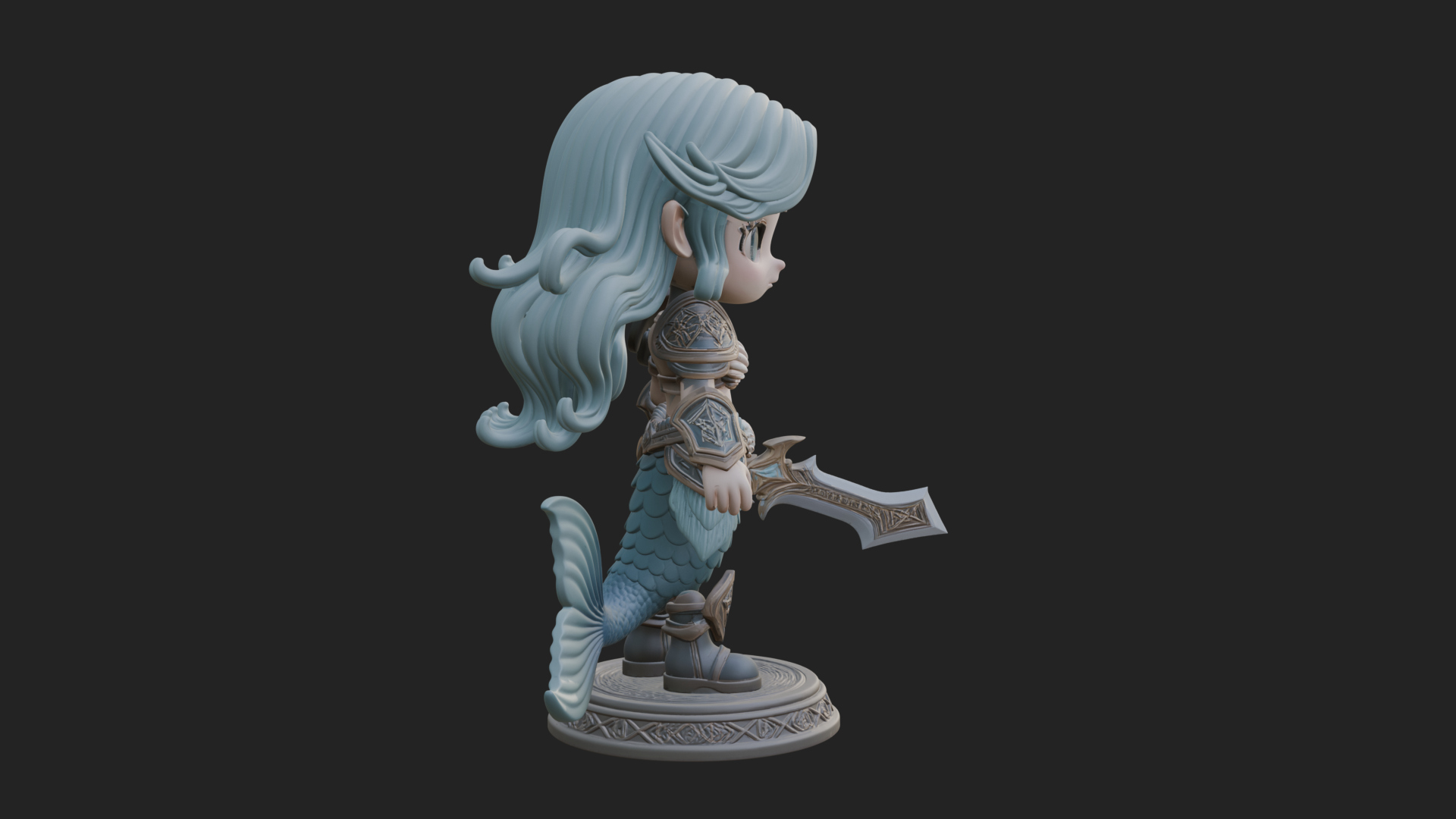 Chibi Mermaid with Sword Statue Design 4 3D Print Model 3D Model