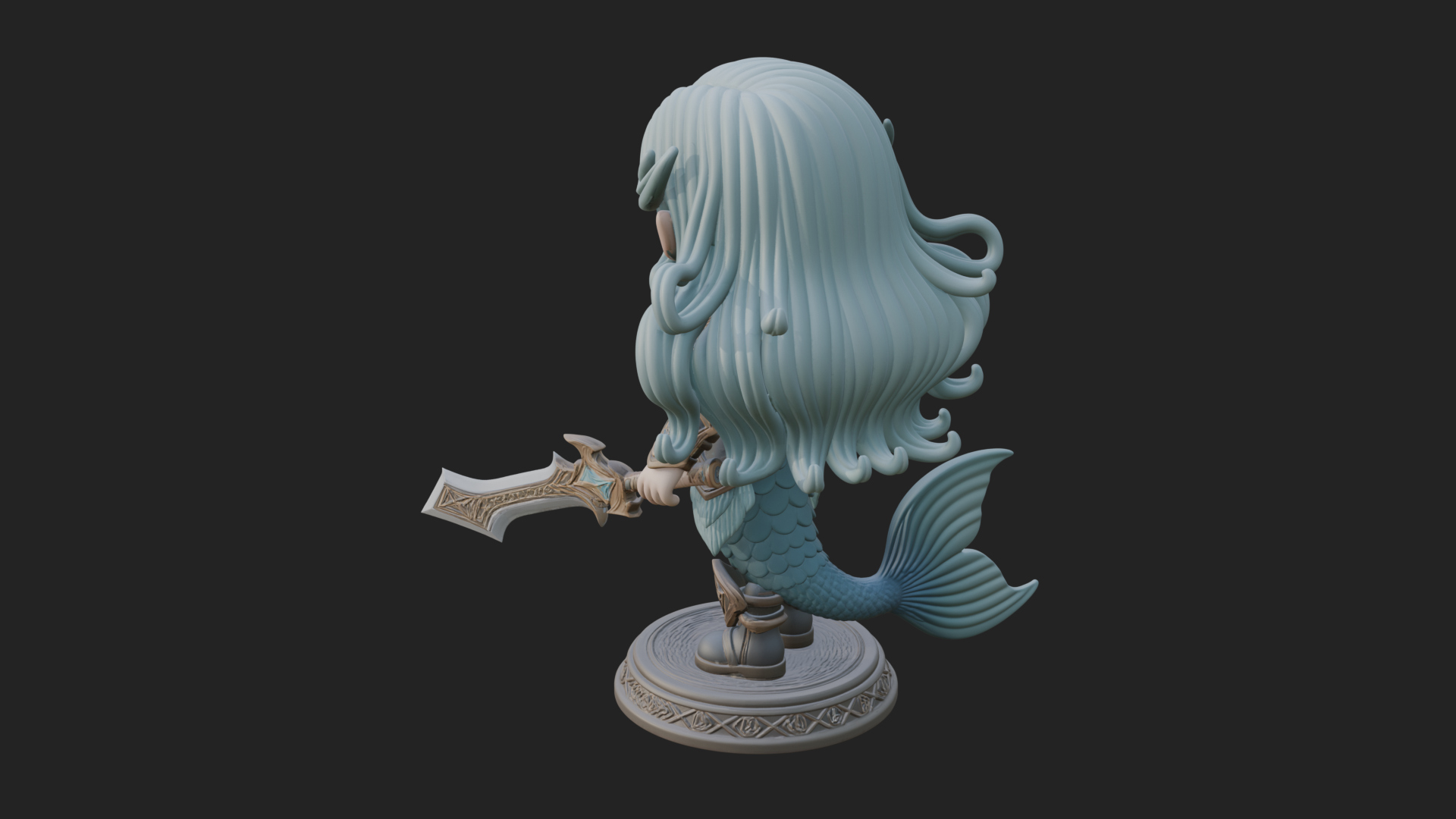 Chibi Mermaid with Sword Statue Design 4 3D Print Model 3D Model
