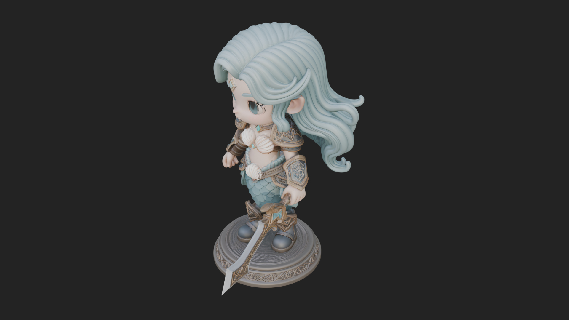 Chibi Mermaid with Sword Statue Design 4 3D Print Model 3D Model
