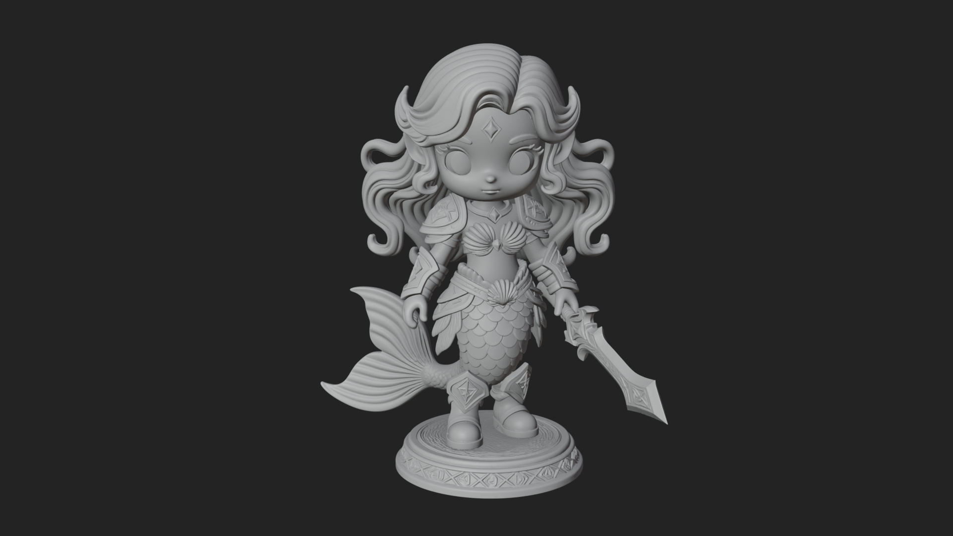 Chibi Mermaid with Sword Statue Design 4 3D Print Model 3D Model