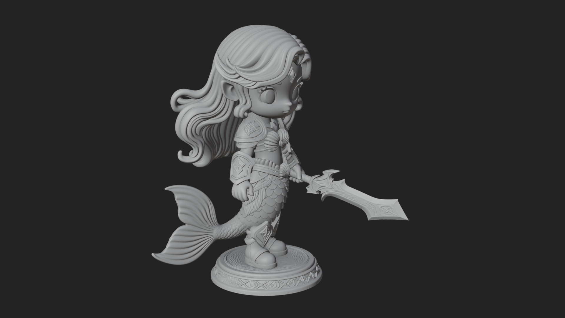 Chibi Mermaid with Sword Statue Design 4 3D Print Model 3D Model
