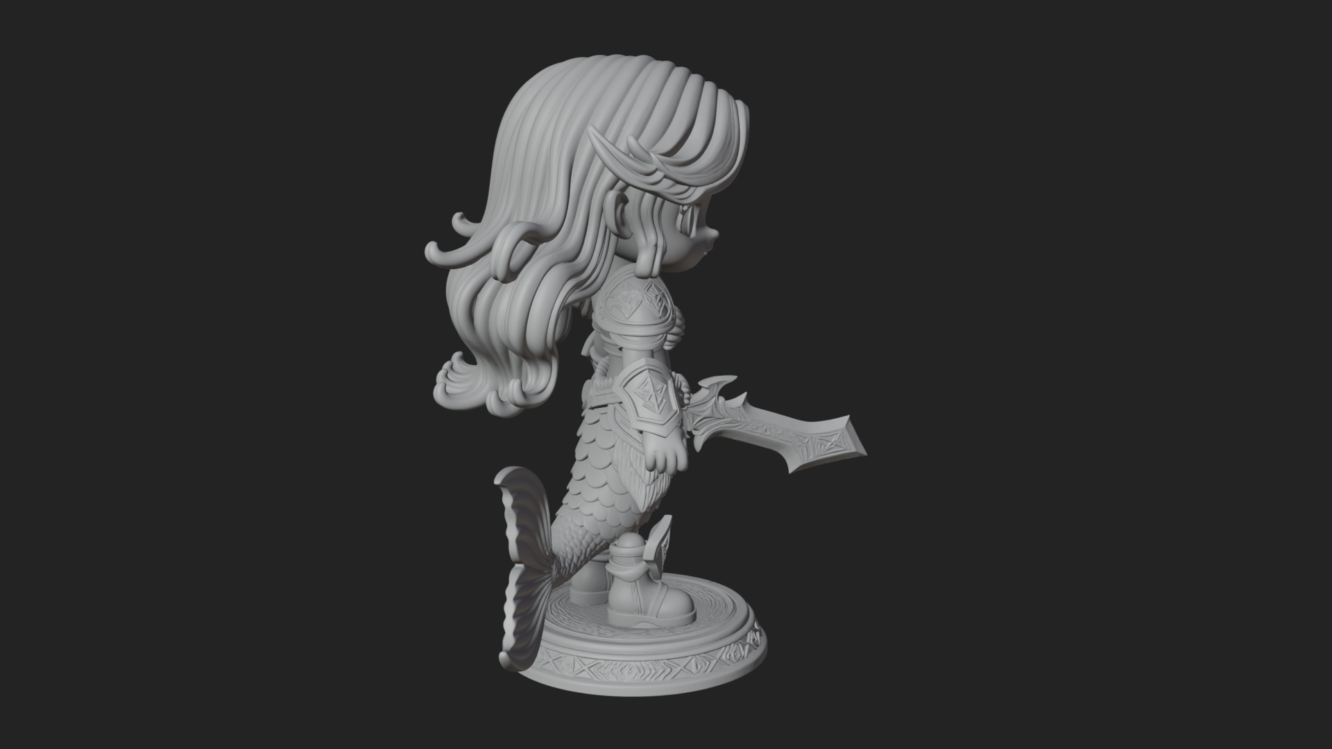 Chibi Mermaid with Sword Statue Design 4 3D Print Model 3D Model