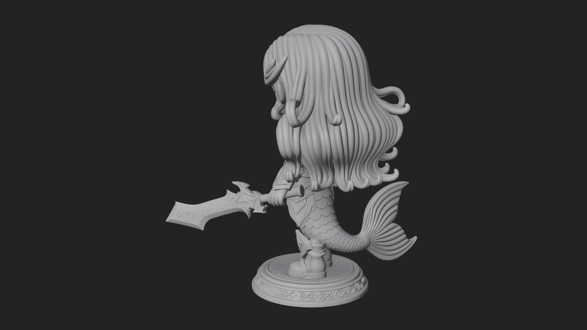 Chibi Mermaid with Sword Statue Design 4 3D Print Model 3D Model