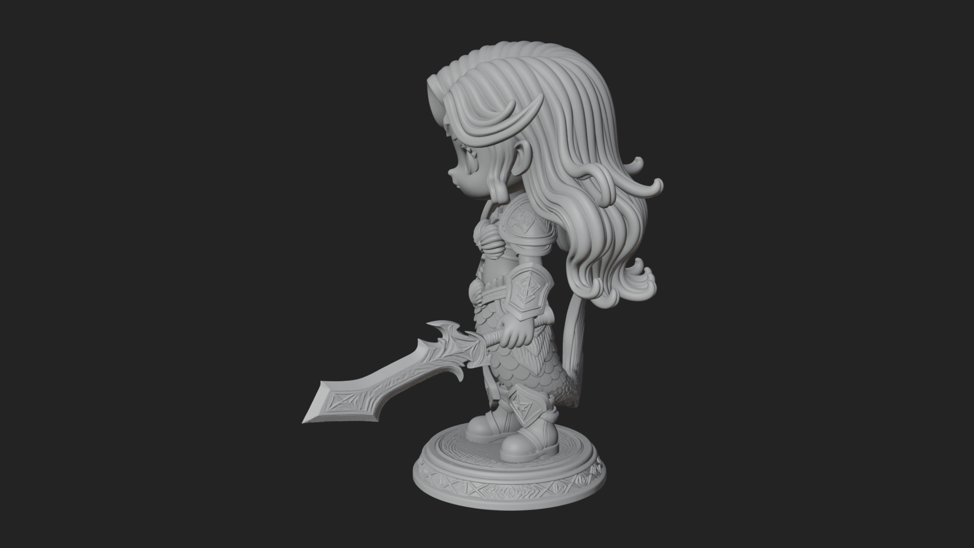 Chibi Mermaid with Sword Statue Design 4 3D Print Model 3D Model