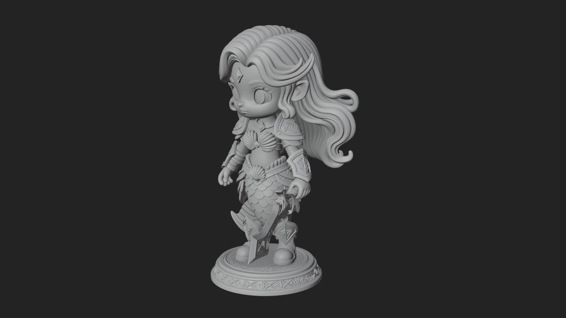 Chibi Mermaid with Sword Statue Design 4 3D Print Model 3D Model