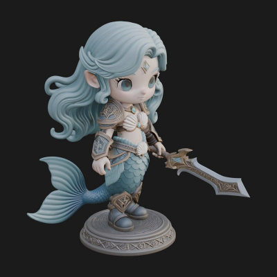 Chibi Mermaid with Sword Statue Design 4 3D Print Model