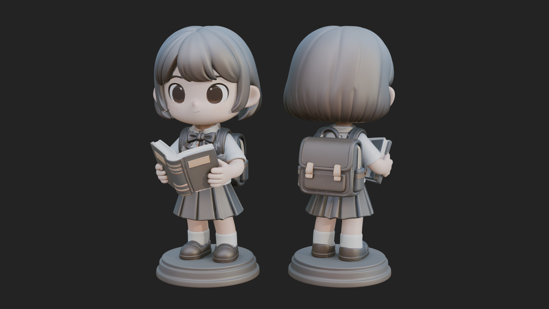 Chibi School Girl With Book Statue Design 3 3D Print Model 3D Model