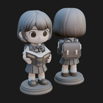 Chibi School Girl With Book Statue Design 3 3D Print Model