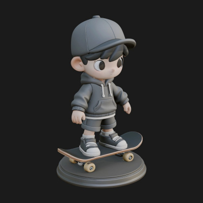 Chibi Skateboard Boy Statue Design 2 3D Print Model