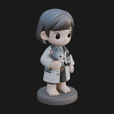 Chibi Vet with Kitten Statue Design 1 3D Print Model