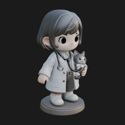 Chibi Vet with Kitten Statue Design 2 3D Print Model