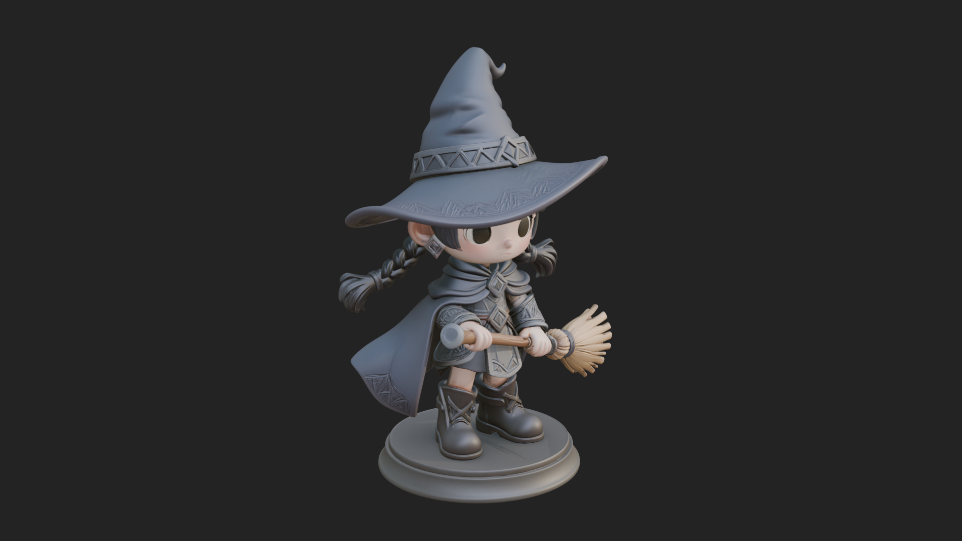 Chibi Witch Girl With Broom Statue Design 1 3D Print Model 3D Model