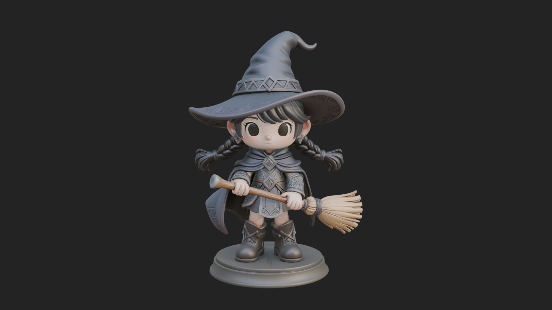 Chibi Witch Girl With Broom Statue Design 1 3D Print Model 3D Model