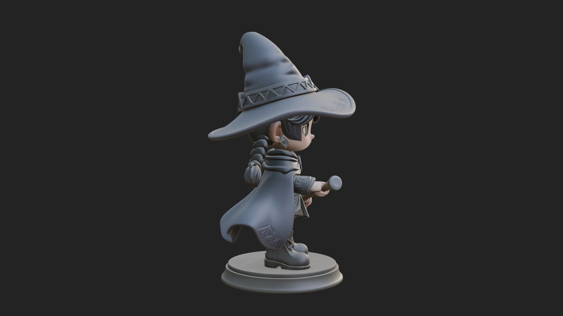 Chibi Witch Girl With Broom Statue Design 1 3D Print Model 3D Model