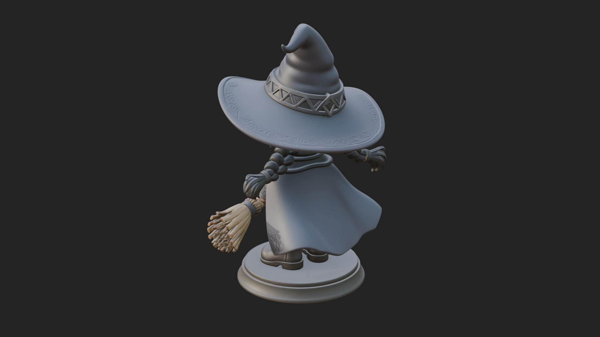 Chibi Witch Girl With Broom Statue Design 1 3D Print Model 3D Model