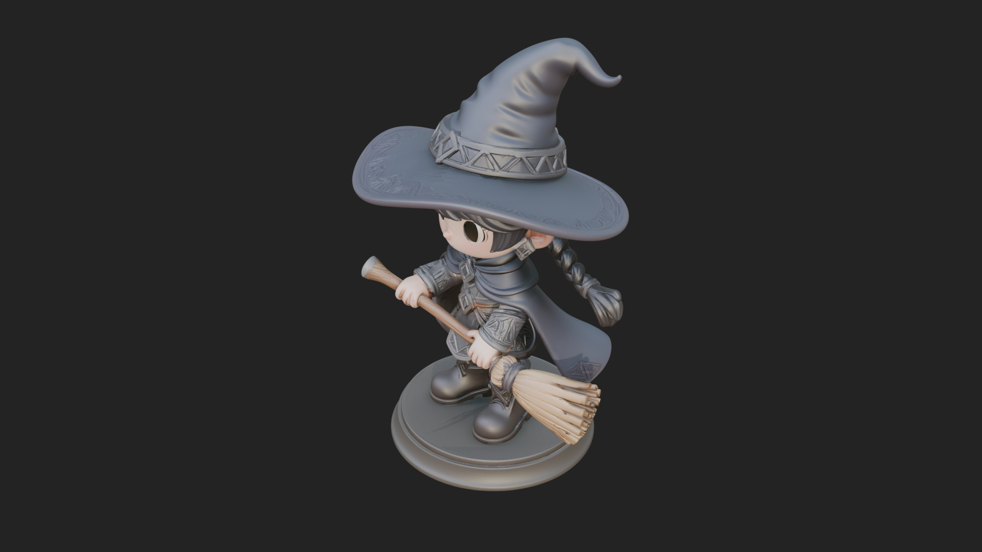 Chibi Witch Girl With Broom Statue Design 1 3D Print Model 3D Model