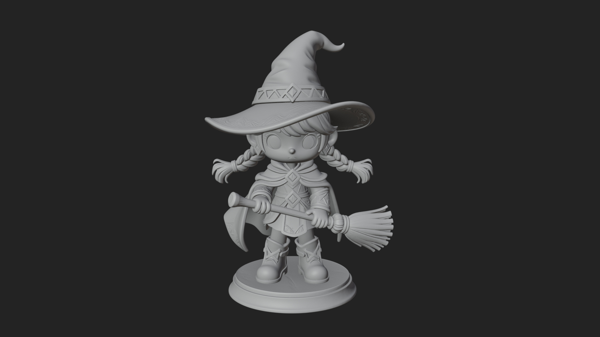 Chibi Witch Girl With Broom Statue Design 1 3D Print Model 3D Model