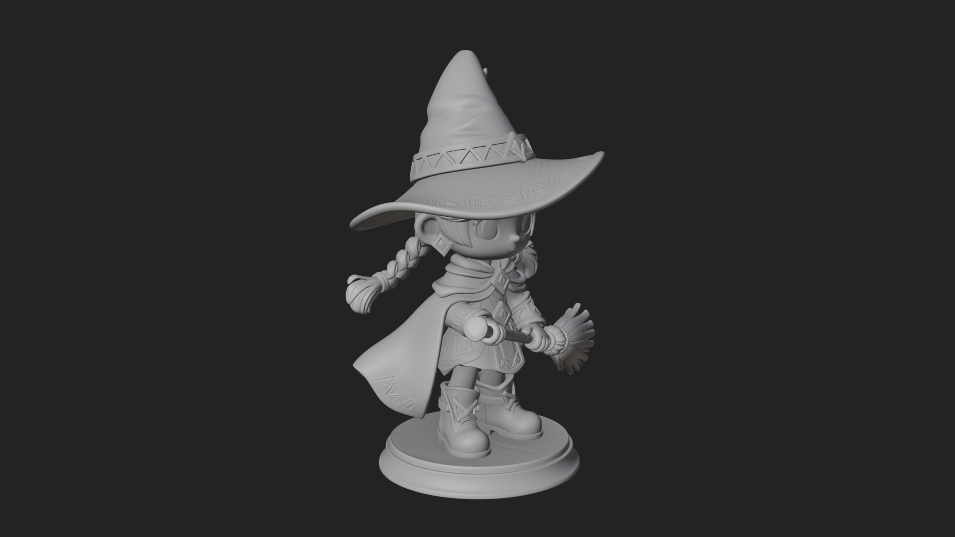 Chibi Witch Girl With Broom Statue Design 1 3D Print Model 3D Model