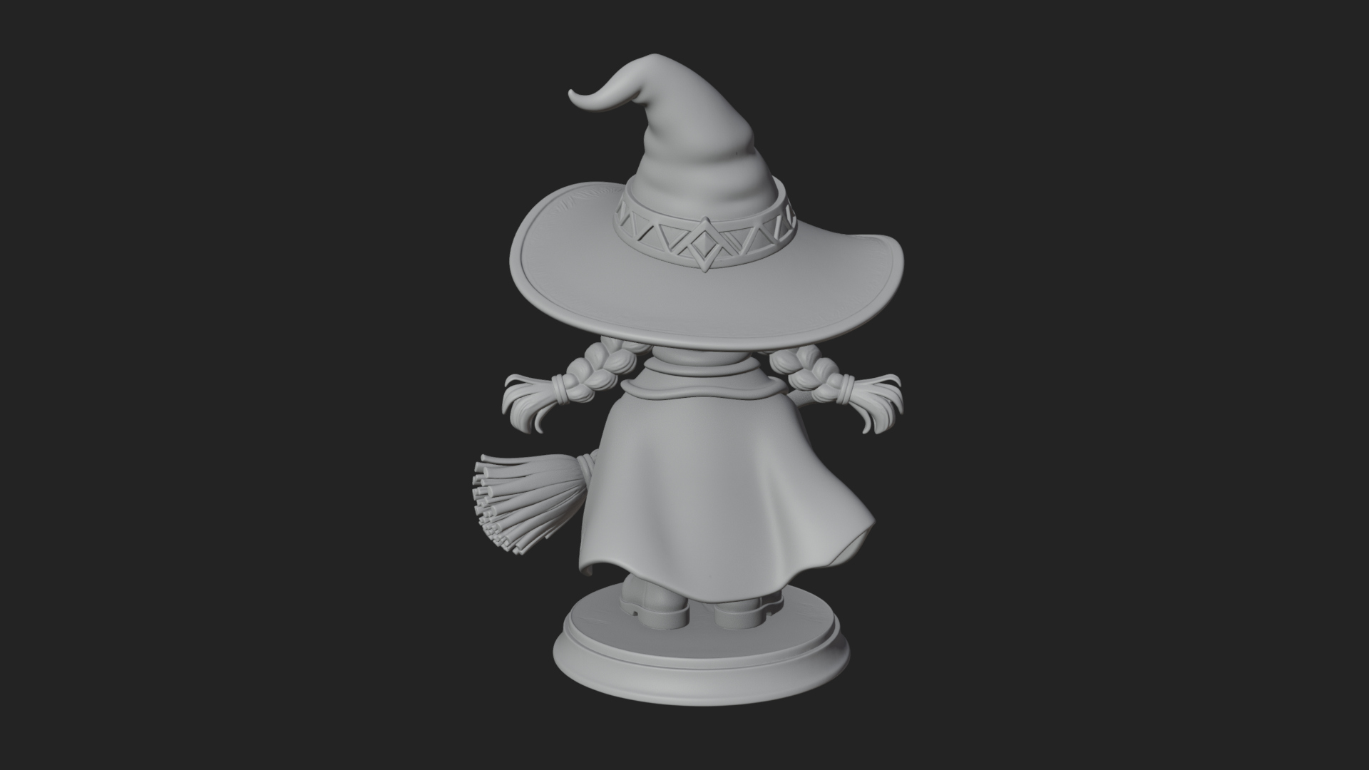 Chibi Witch Girl With Broom Statue Design 1 3D Print Model 3D Model