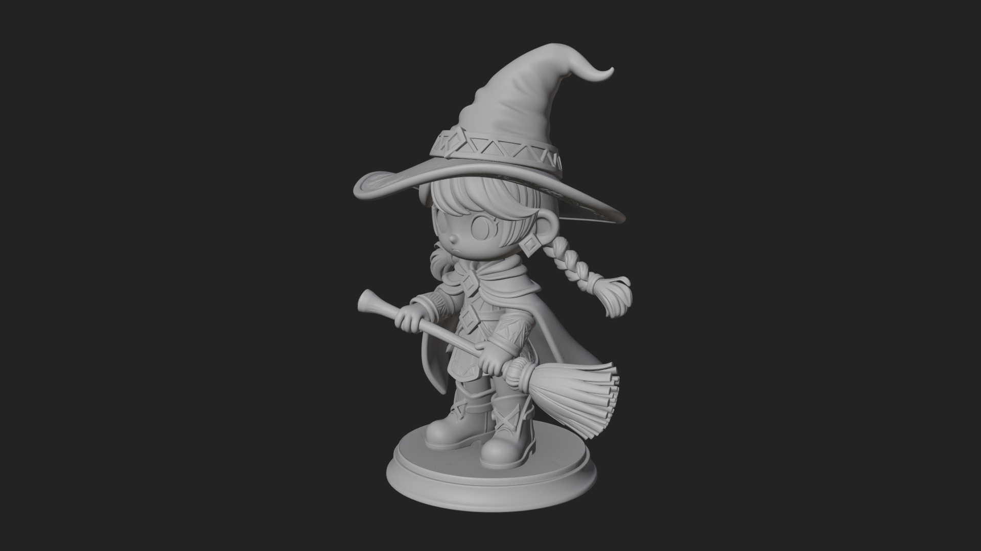 Chibi Witch Girl With Broom Statue Design 1 3D Print Model 3D Model