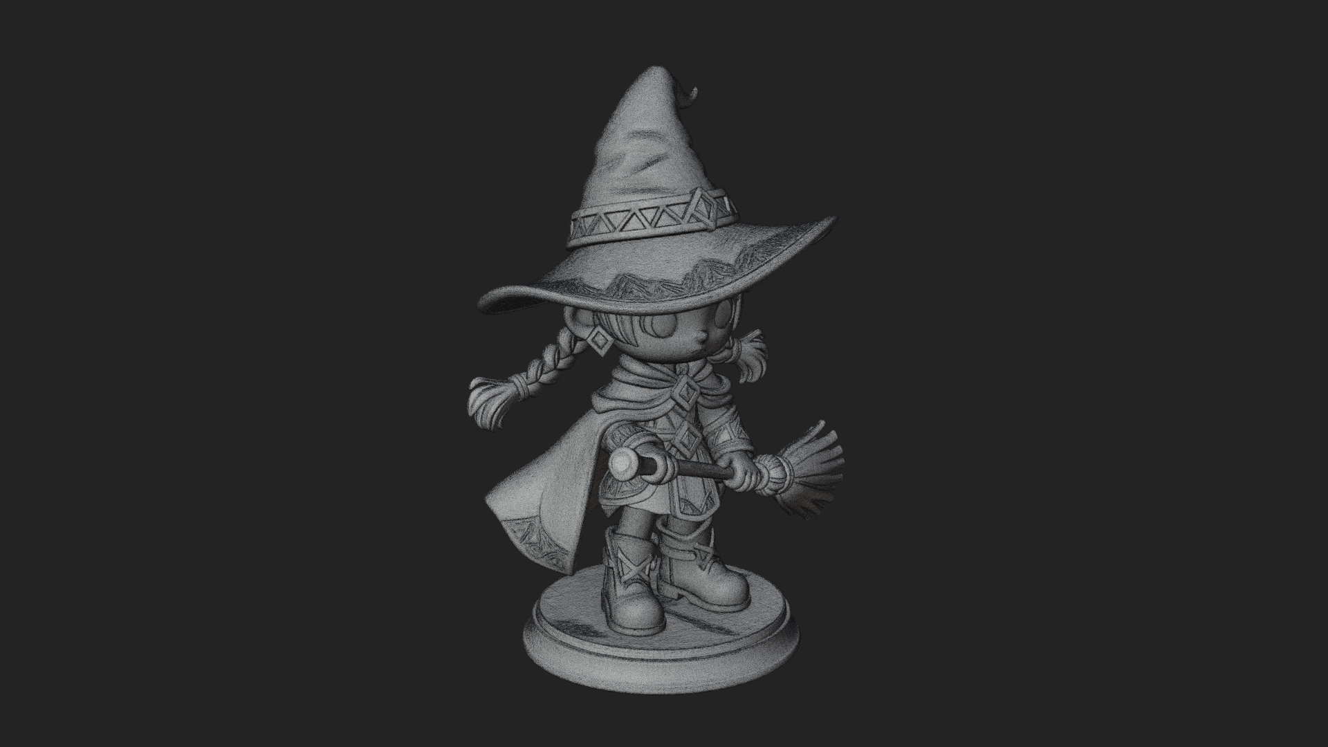 Chibi Witch Girl With Broom Statue Design 1 3D Print Model 3D Model