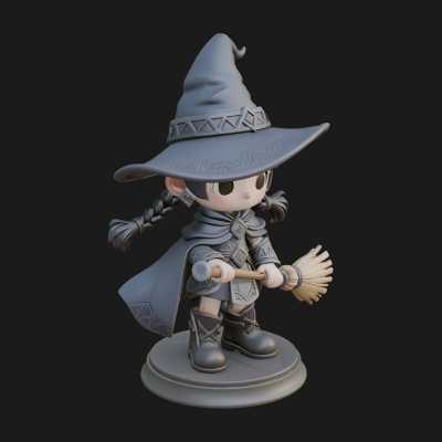 Chibi Witch Girl With Broom Statue Design 1 3D Print Model