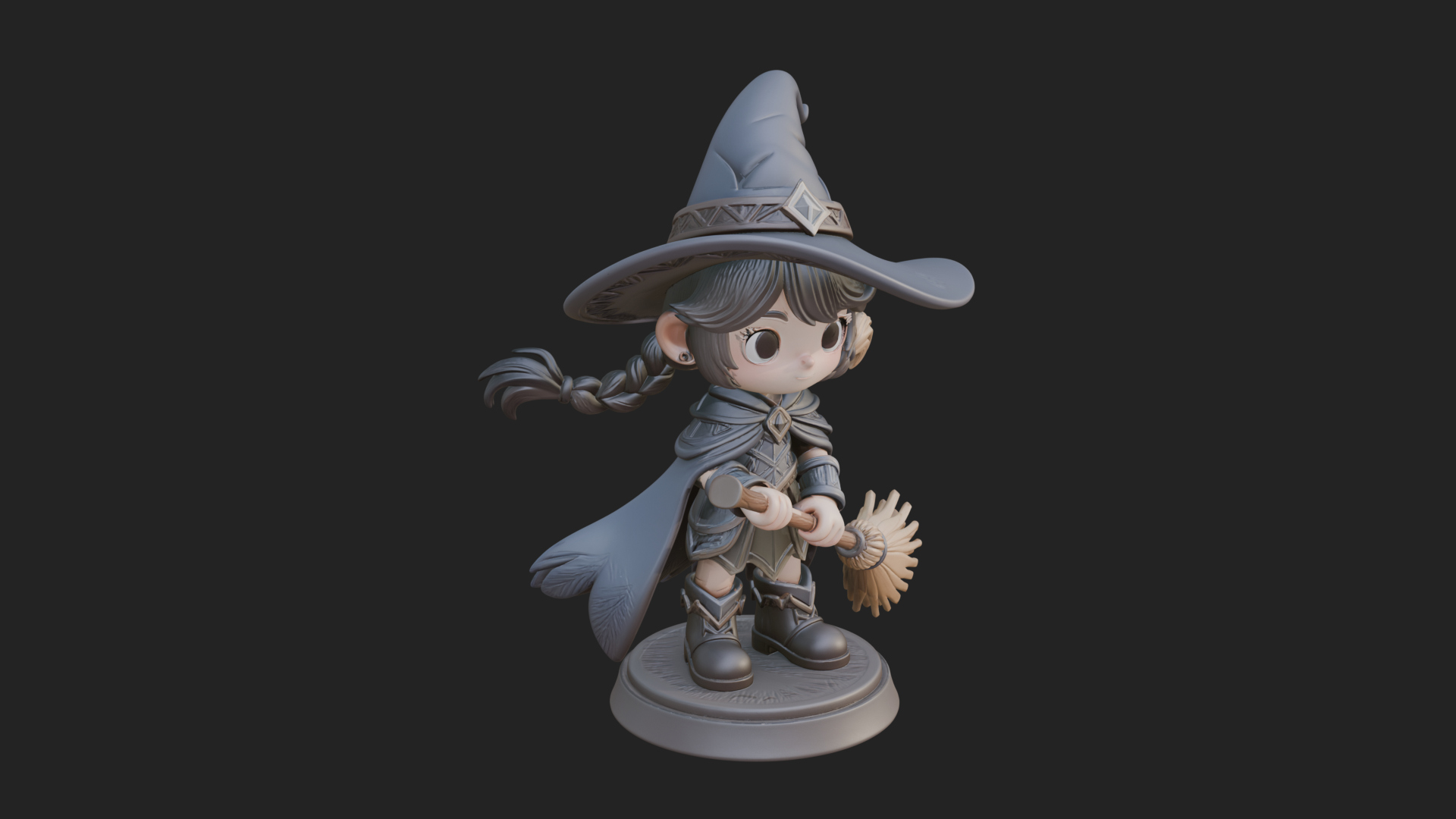 Chibi Witch Girl with Broom Statue Design 2 3D Print Model 3D Model