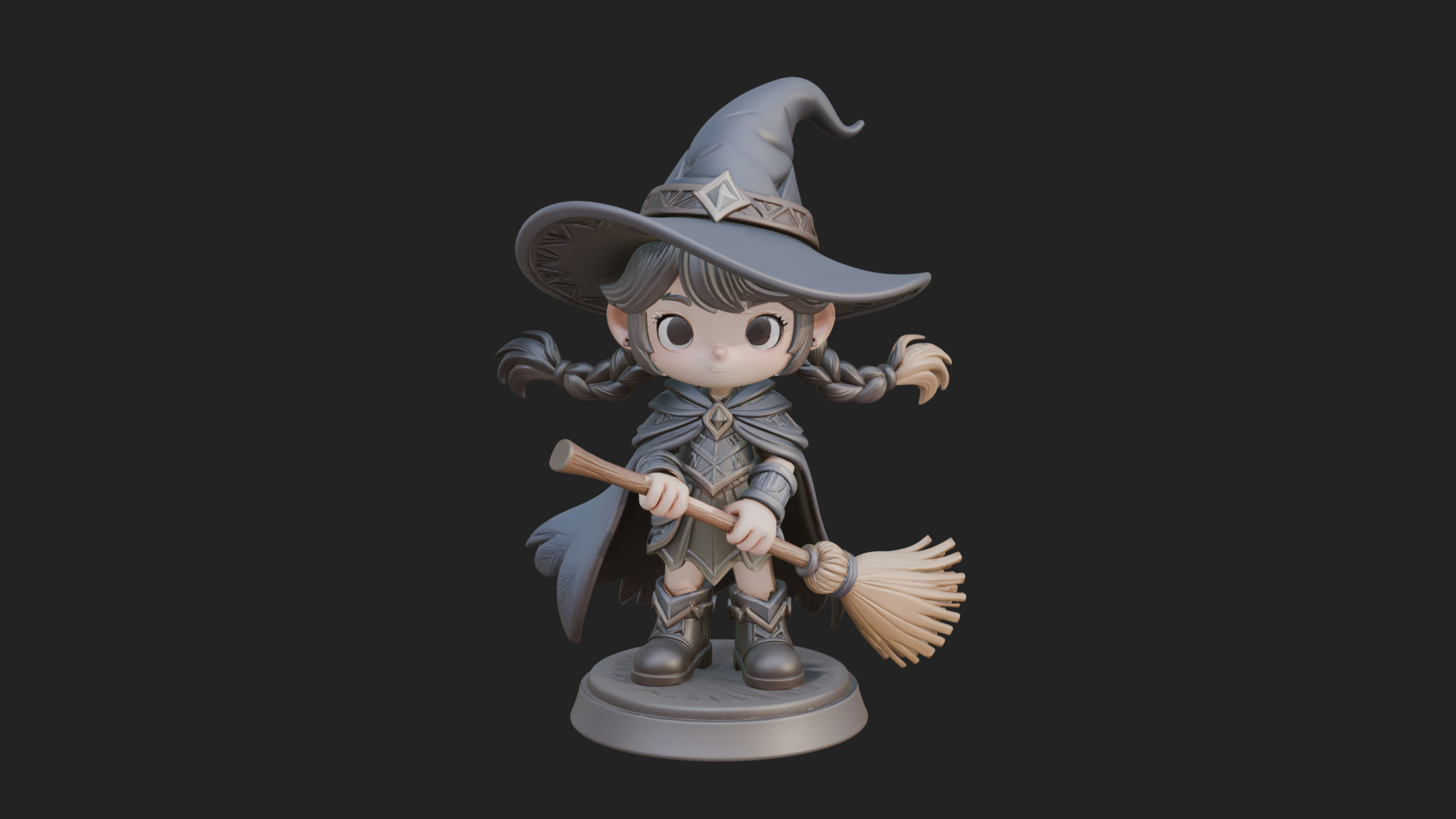 Chibi Witch Girl with Broom Statue Design 2 3D Print Model 3D Model