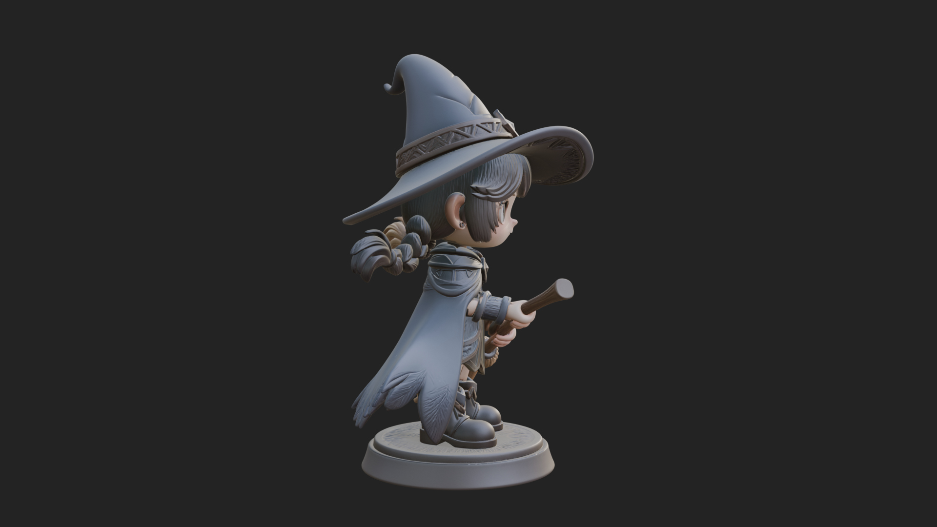 Chibi Witch Girl with Broom Statue Design 2 3D Print Model 3D Model