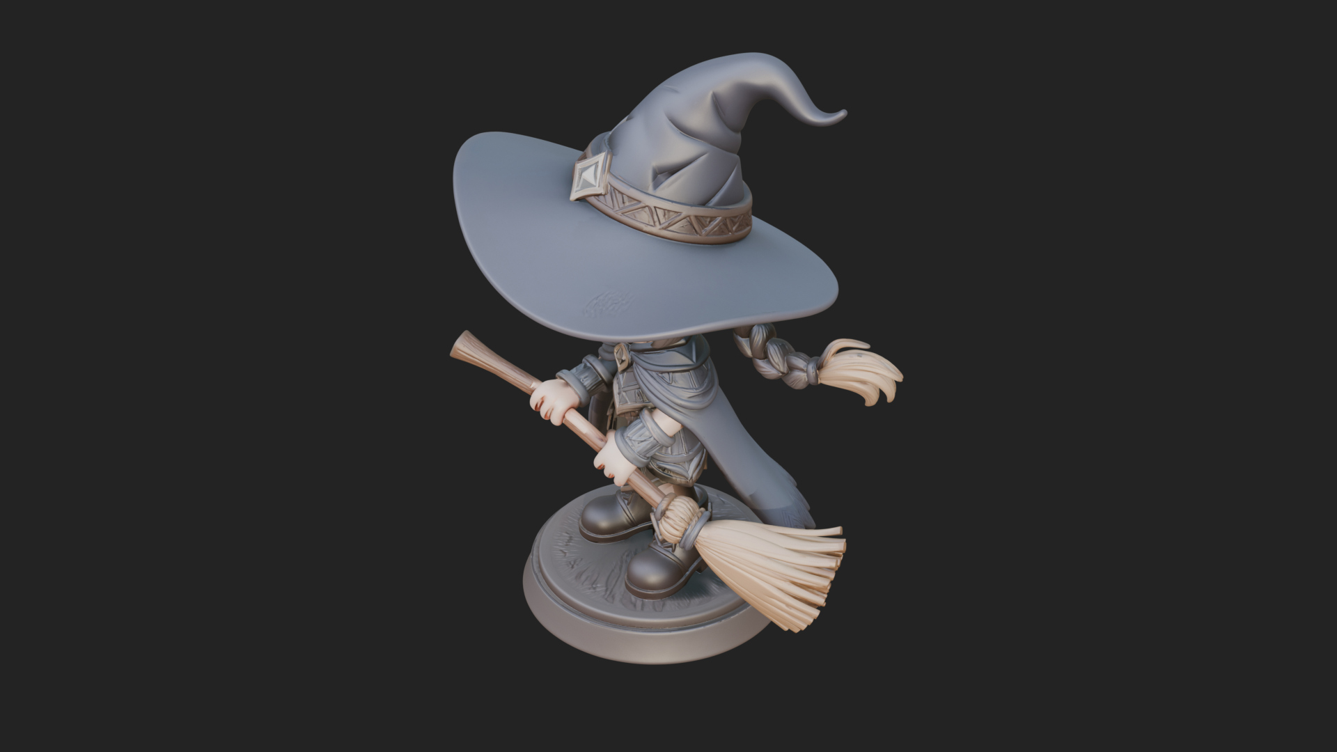 Chibi Witch Girl with Broom Statue Design 2 3D Print Model 3D Model